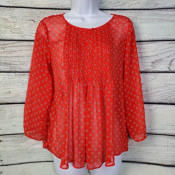 Old Navy Women’s Red Boho Blouse Small Long Sleeve Sheer Floral Print - Picture 1 of 6